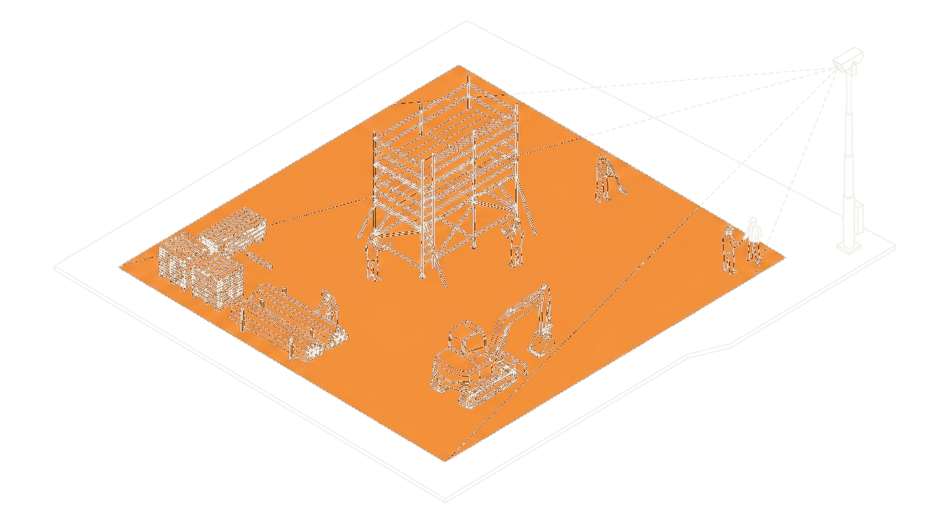 Isometric site plan drawn in cream line directly on the dark page: the jobsite from above — scaffold frame, excavator, pallet stacks and pipe bundles in the lay-down yard, and one mounted camera whose dashed sight lines cross a gridded ground plane. One ground zone is filled solid orange, the watched zone.